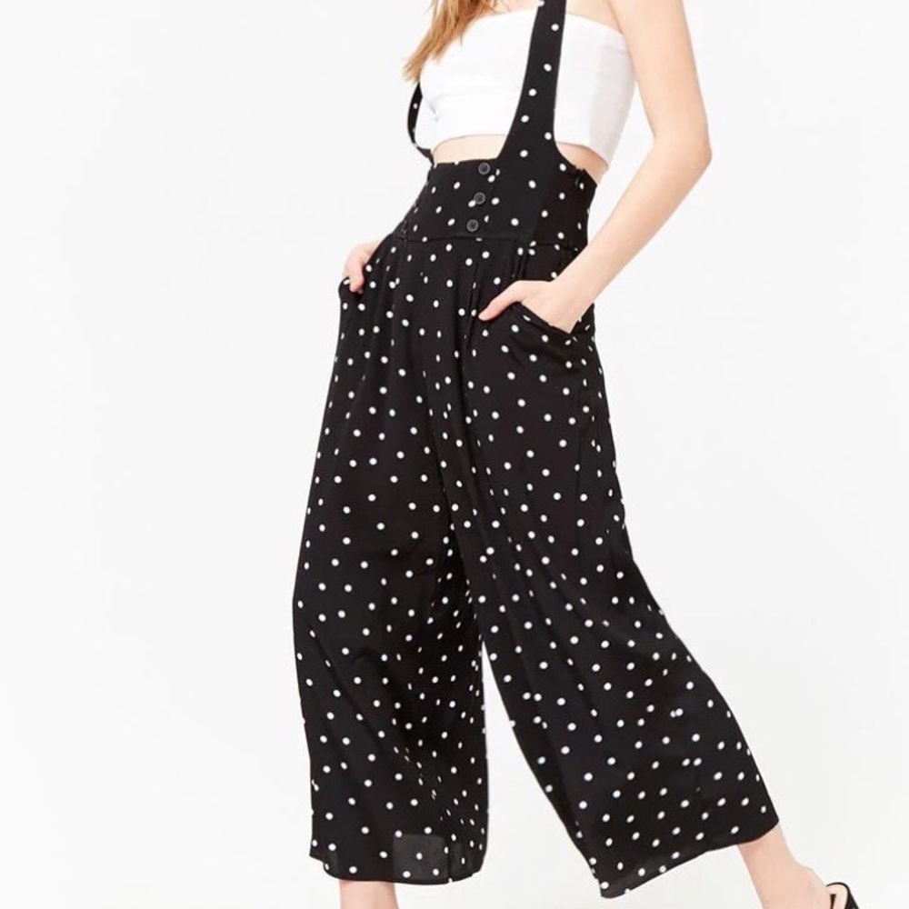 Flared Polka Dot Suspenders Overalls